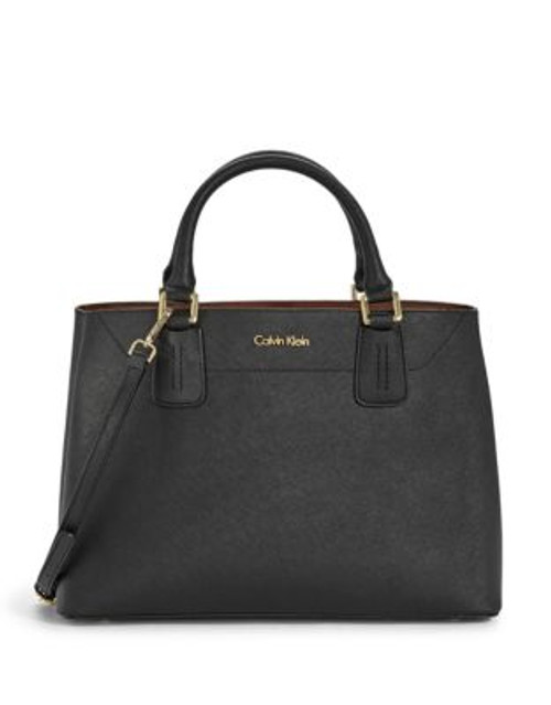Calvin Klein Saffiano Leather Satchel with Contrast Trim - BLACK/LUGGAGE