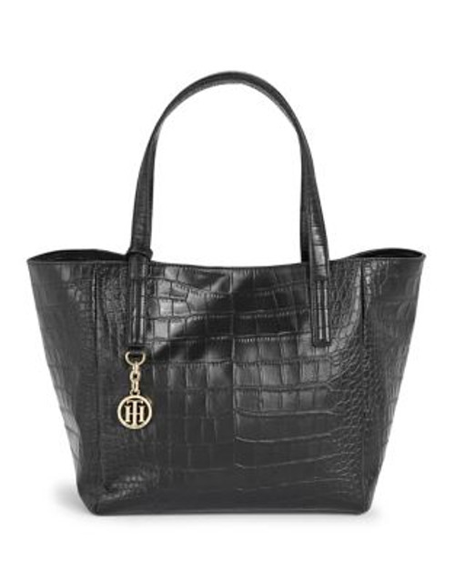 Tommy Hilfiger Claire Croc Embossed Leather Tote - BLACK