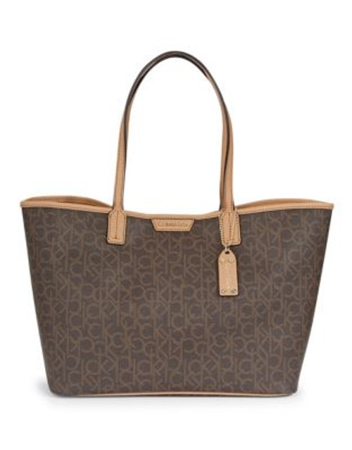 Calvin Klein Reversible Monogram Tote with Pouch - BROWN/KHAKI