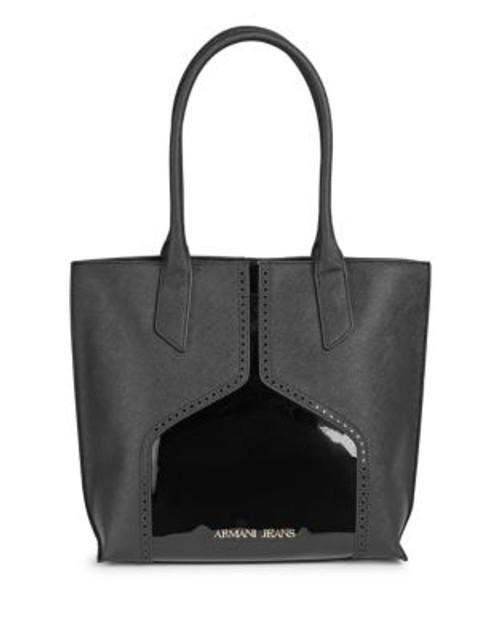 Armani Jeans Faux Saffiano and Patent Tote - BLACK