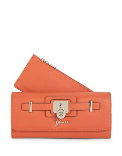 Guess Faux Saffiano Leather Flap Wallet - ORANGE