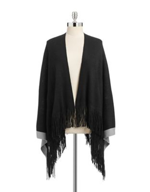 Design Lab Lord & Taylor Fringe Knit Poncho-BLACK - BLACK - X-SMALL