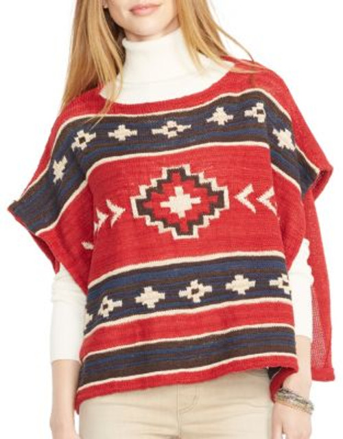 Lauren Ralph Lauren Geometric Linen-Cotton Poncho - RED - LARGE