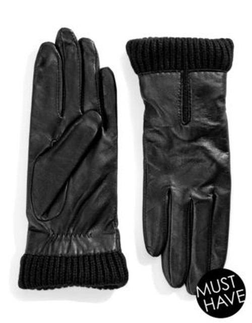 Lord & Taylor Wrist Length Knit Cuff Leather Gloves - BLACK - 7