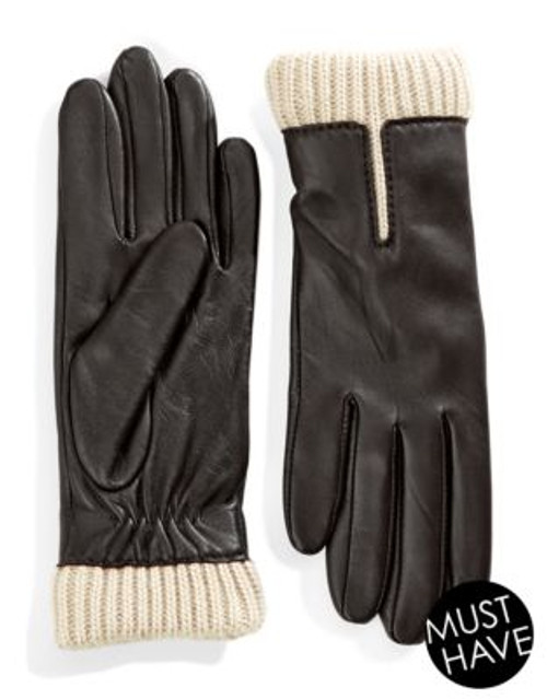 Lord & Taylor Wrist Length Knit Cuff Leather Gloves - BROWN - 7.5