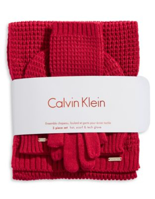 Calvin Klein Waffle Knit Hat Scarf and Gloves Set - RED