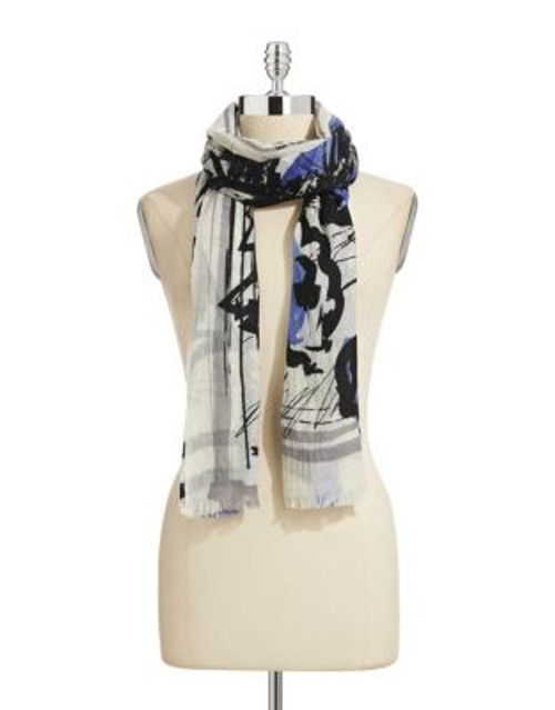 Lord & Taylor Floral Sketch Wool Scarf - BLUE