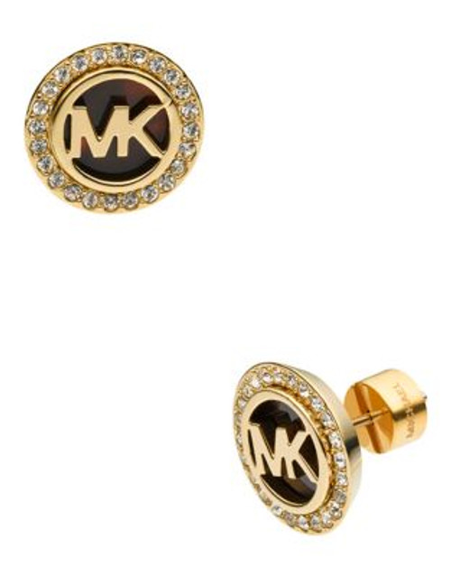 Michael Kors Gold Tone Mk Stud Earring With Clear Pave - BROWN