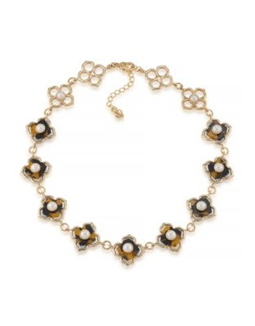 Carolee Faux Pearl Floral Chain Necklace - DARK BROWN