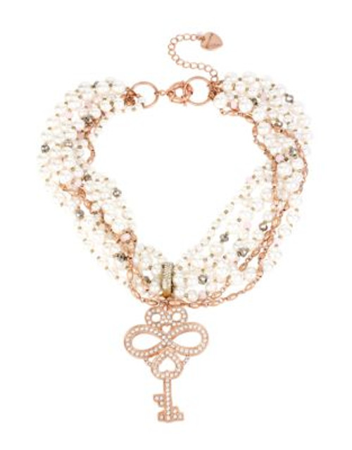 Betsey Johnson Wanderlust Pave Key Pendant and Faux Pearl Torsade Necklace - PEARL