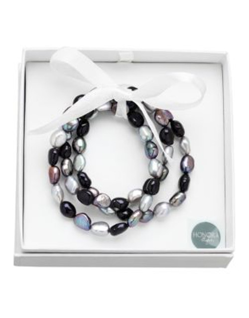 Honora Style Set of Three 8MM-9MM Baroque Pearl Black Tie Stretch Bracelets - PEARL