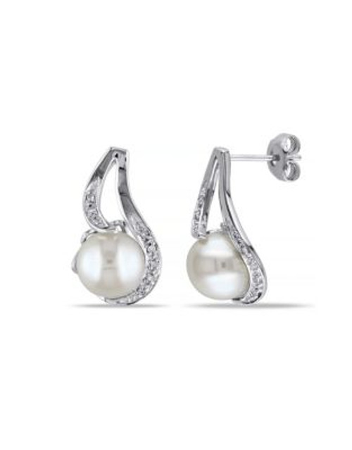 Concerto Sterling Silver 0.06 TCW Diamond and Freshwater Pearl Stud Drop Earrings - WHITE