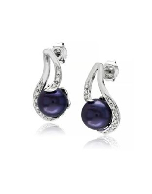 Concerto Sterling Silver 0.06 TCW Diamond and Black Freshwater Pearl Stud Drop Earrings - BLACK