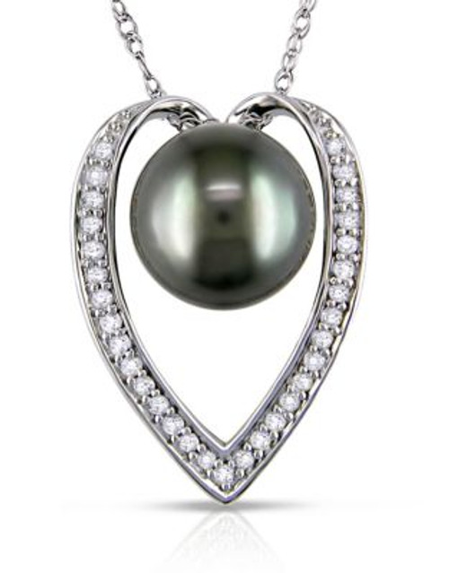 Concerto .167 CT Diamond TW 9 - 9.5 MM Black Tahitian Pearl Fashion Pendant With 14k White Gold Chain - BLACK