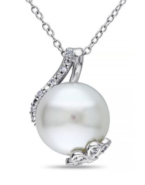 Concerto Sterling Silver Freshwater Pearl and 0.10 TCW Diamond Petal Necklace - WHITE