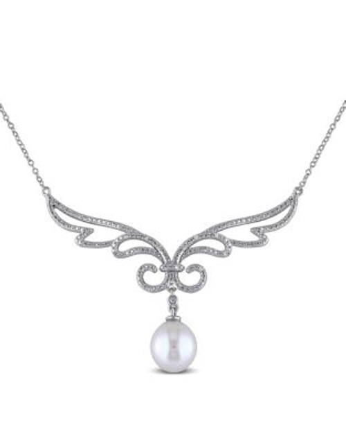 Concerto Sterling Silver Freshwater Pearl and 0.10 TCW Diamond Scroll Necklace - WHITE