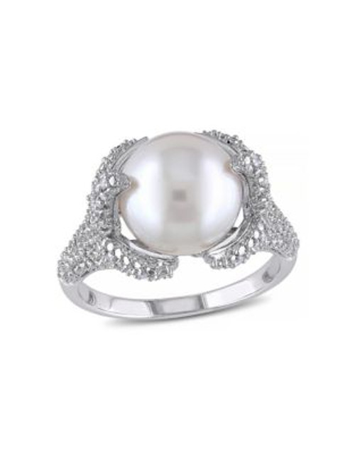 Concerto Sterling Silver Freshwater Pearl and 0.10 TCW Diamond Claw Ring - WHITE - 8