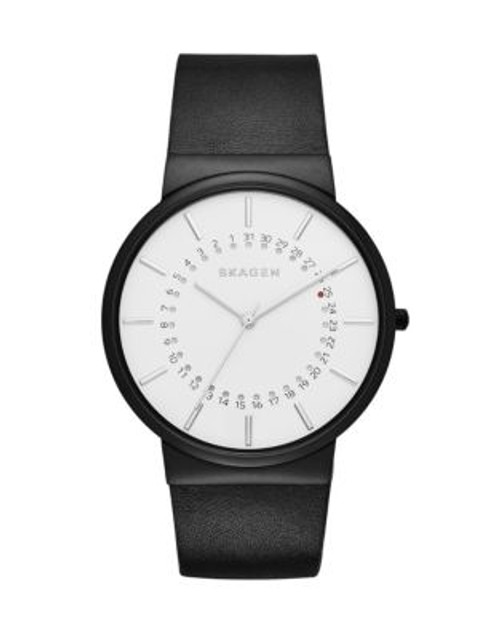 Skagen Denmark Date Dial Stainless Steel Leather Watch - BLACK