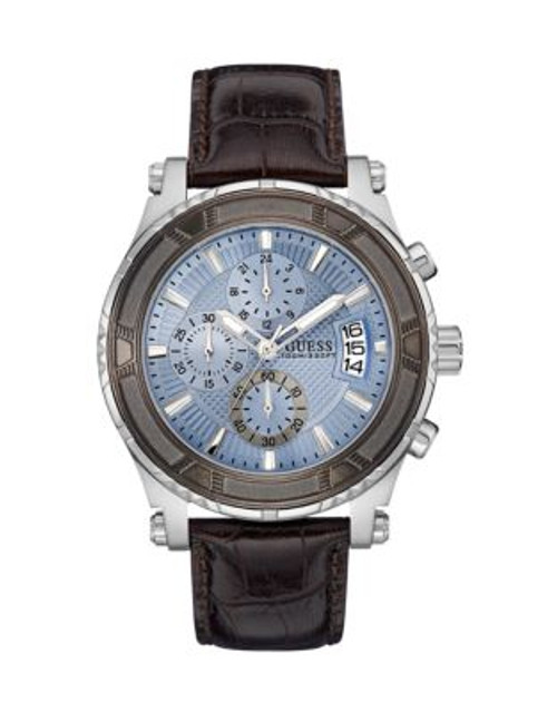Guess Pinnacle Ice Blue and Brown Stainless Steel and Leather Strap Watch - BLUE