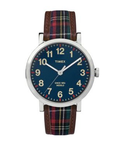 Timex Unisex Analog Originals Leather and Brass Tartan Watch - RED