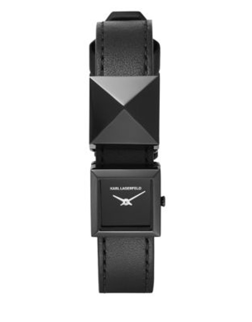 Karl Lagerfeld Analog Demi Stud Leather Watch - BLACK