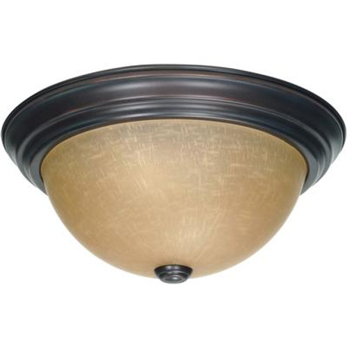 2 Light 13 Inch Flush Mountwith Champagne Linen Washed Glass Finished in Mahogany Bronze