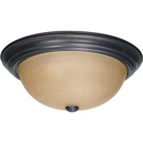 3 Light  15 Inch Flush Mount with Champagne Linen Washed Glass Finished in Mahogany Bronze