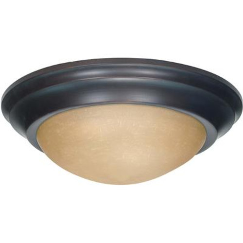 3 Light 17 Inch Flush Mount  Twist & Lock with Champagne Linen Washed Glass Finished in Mahogany Bronze