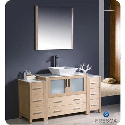 Torino 60 Inch Light Oak Modern Bathroom Vanity With 2 Side Cabinets And Vessel Sink