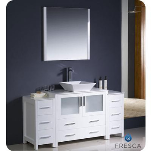 Torino 60 Inch White Modern Bathroom Vanity With 2 Side Cabinets And Vessel Sink