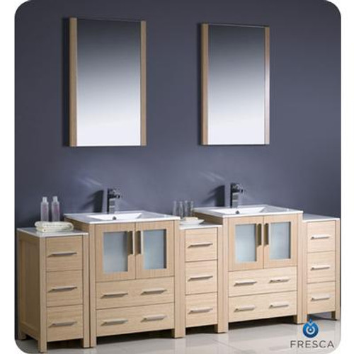 Torino 84 Inch Light Oak Modern Double Sink Bathroom Vanity With 3 Side Cabinets And Undermount Sinks