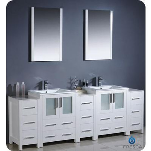 Torino 84 Inch White Modern Double Sink Bathroom Vanity With 3 Side Cabinets And Undermount Sinks