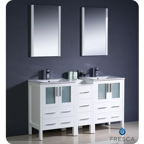 Torino 60 Inch White Modern Double Sink Bathroom Vanity With Side Cabinet And Undermount Sinks