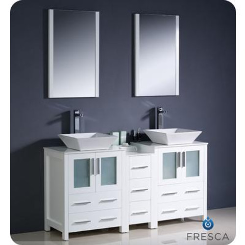 Torino 60 Inch White Modern Double Sink Bathroom Vanity With Side Cabinet And Vessel Sinks