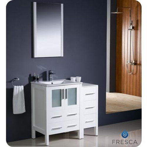 Torino 36 Inch White Modern Bathroom Vanity With Side Cabinet And Undermount Sink