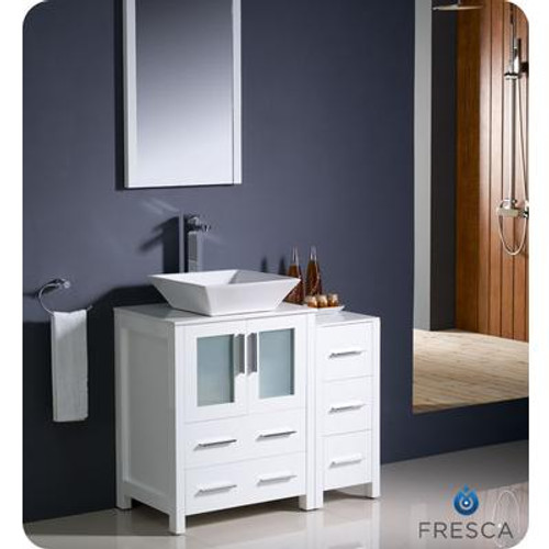 Torino 36 Inch White Modern Bathroom Vanity With Side Cabinet And Vessel Sink