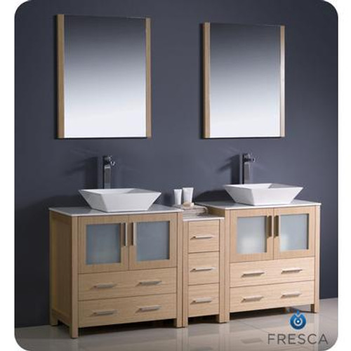 Torino 72 Inch Light Oak Modern Double Sink Bathroom Vanity With Side Cabinet And Vessel Sinks