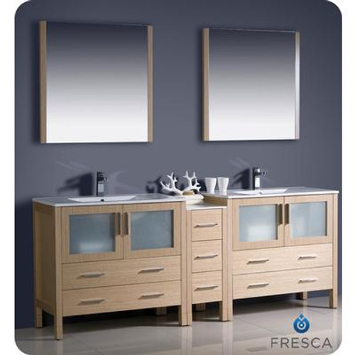 Torino 84 Inch Light Oak Modern Double Sink Bathroom Vanity With Side Cabinet And Undermount Sinks
