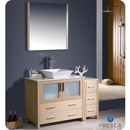 Torino 48 Inch Light Oak Modern Bathroom Vanity With Side Cabinet And Vessel Sink