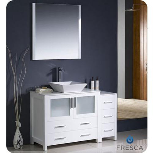 Torino 48 Inch White Modern Bathroom Vanity With Side Cabinet And Vessel Sink