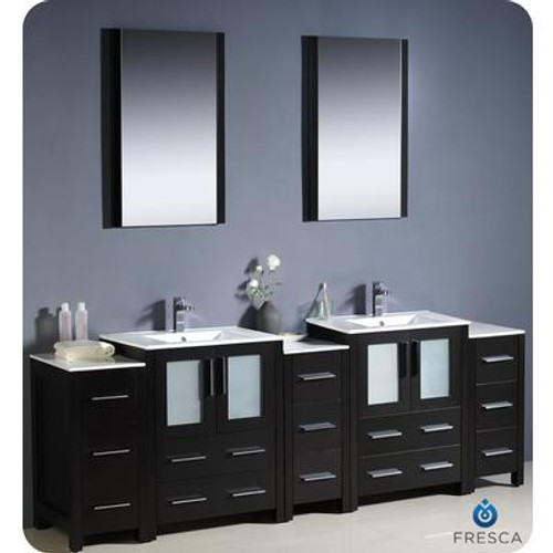 Torino 84 Inch Espresso Modern Double Sink Bathroom Vanity With 3 Side Cabinets And Undermount Sinks