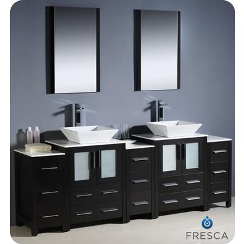 Torino 84 Inch Espresso Modern Double Sink Bathroom Vanity With 3 Side Cabinets And Vessel Sinks