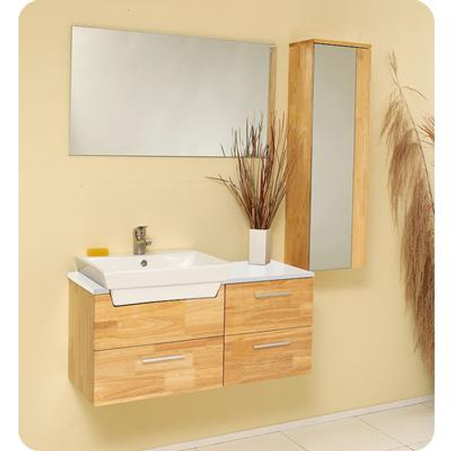 Caro Natural Wood Modern Bathroom Vanity With Mirrored Side Cabinet