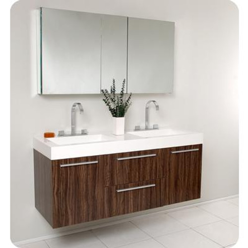 Opulento Walnut Modern Double Sink Bathroom Vanity With Medicine Cabinet