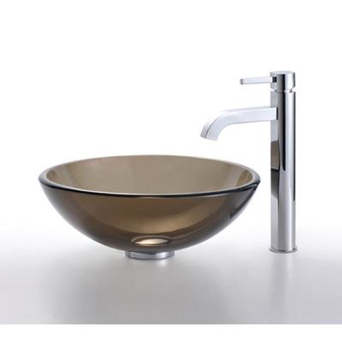 Clear Brown Glass Vessel Sink and Ramus Faucet Chrome