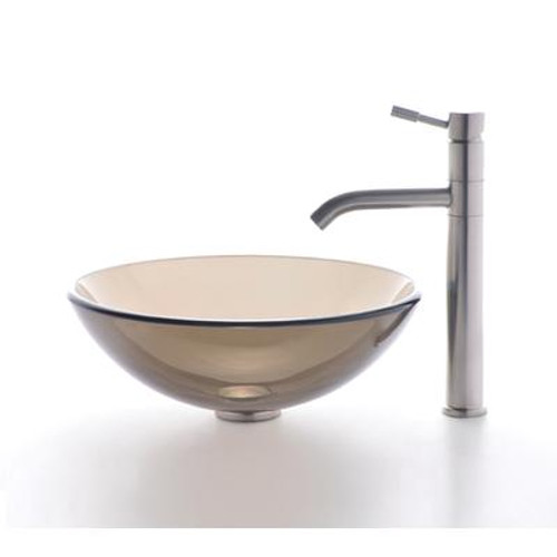 Clear Brown Glass Vessel Sink and Sheven Faucet Satin Nickel