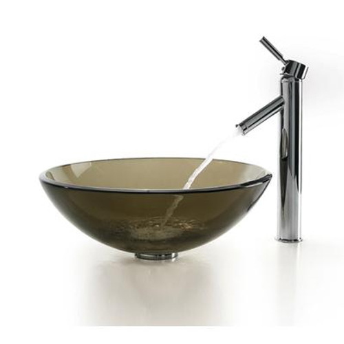 Clear Brown Glass Vessel Sink and Sheven Faucet Chrome