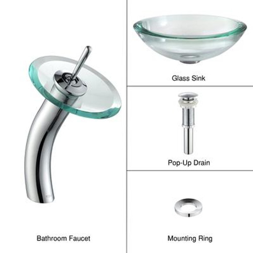 Clear 34mm edge Glass Vessel Sink and Waterfall Faucet Chrome