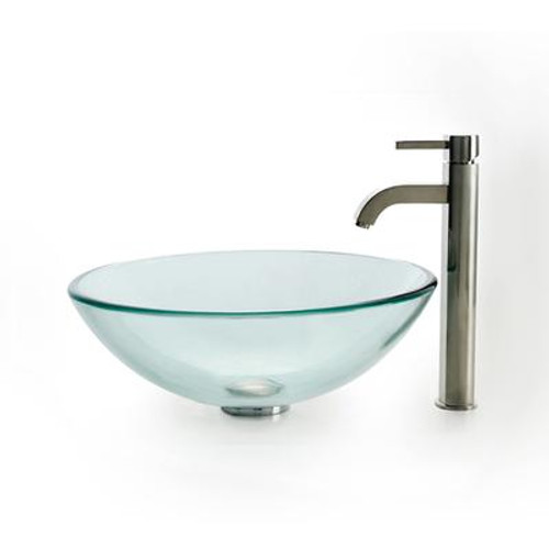 Clear Glass Vessel Sink and Ramus Faucet Satin Nickel