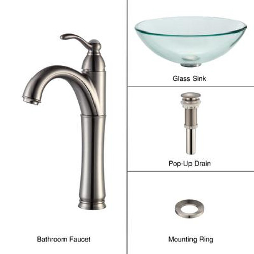 Clear Glass Vessel Sink and Riviera Faucet Satin Nickel